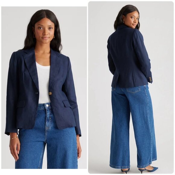 Quince European 100% Linen Structure Blazer Women Large Black Preppy Office Goth - Picture 2 of 16